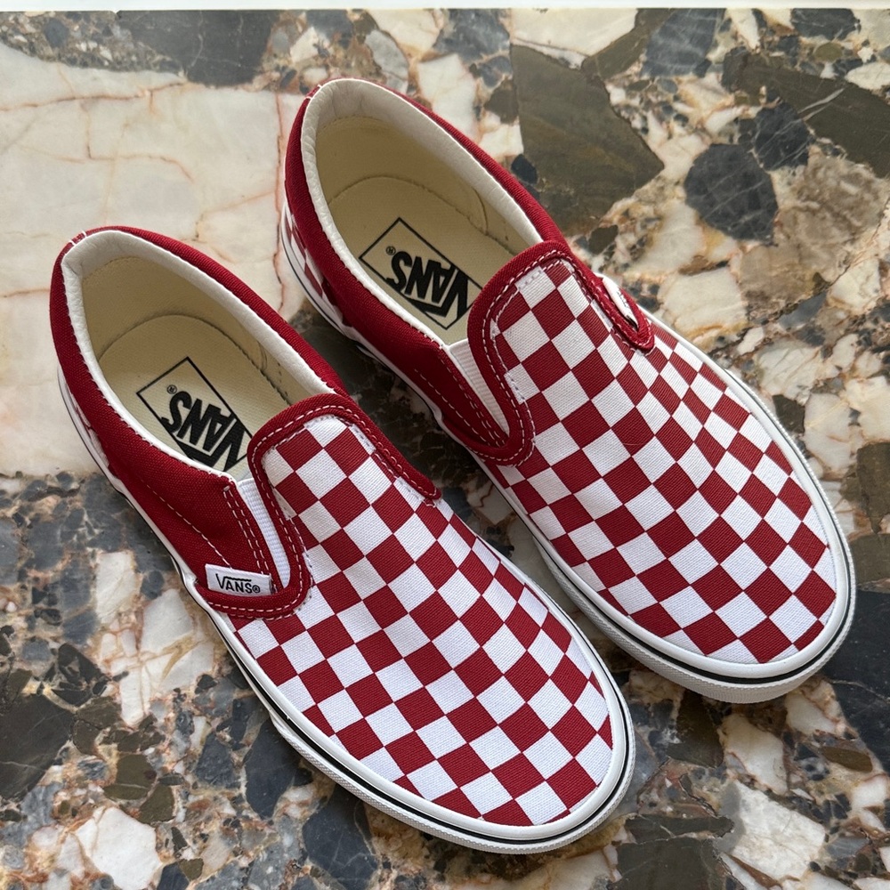 NWT Vans Kids Classic Slip-On Checkerboard Sneakers - chili pepper Red and White